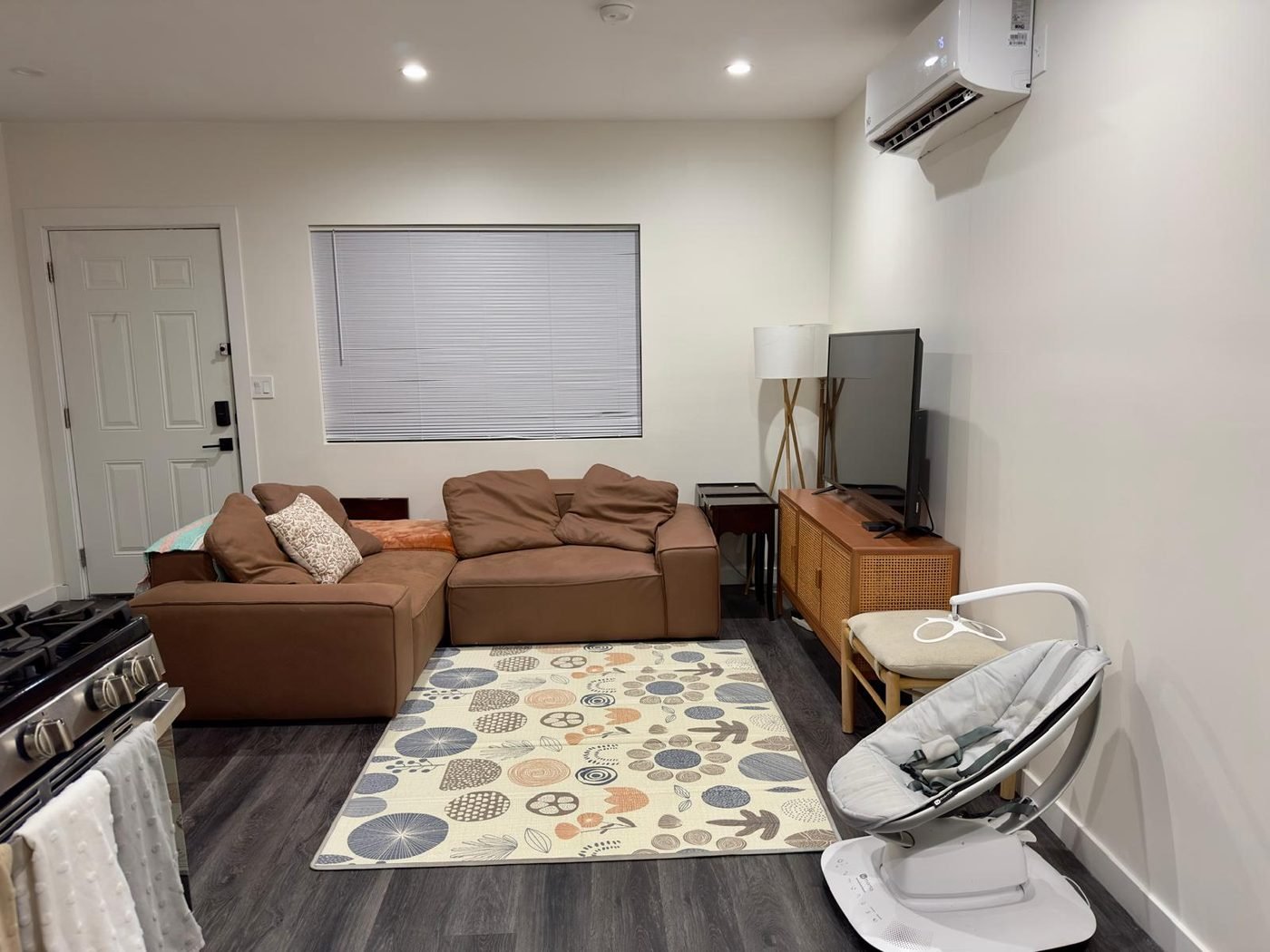 Finished ADU living room with ductless mini-split